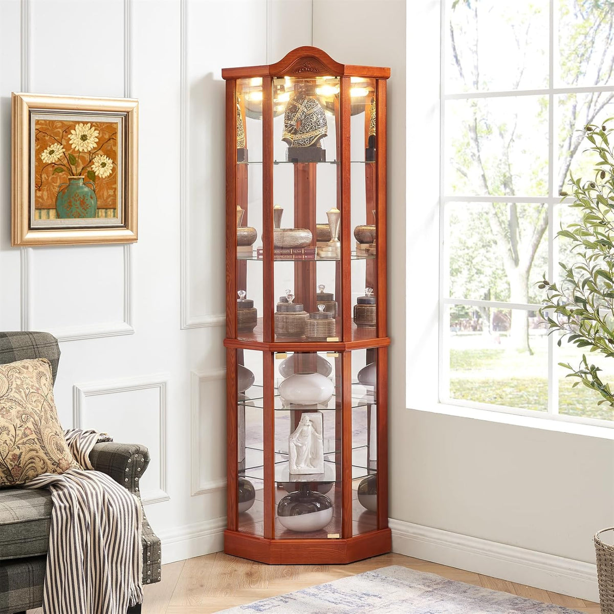 Brown Corner Curio Cabinet with Tempered Glass Doors and Adjustable Shelves D3635