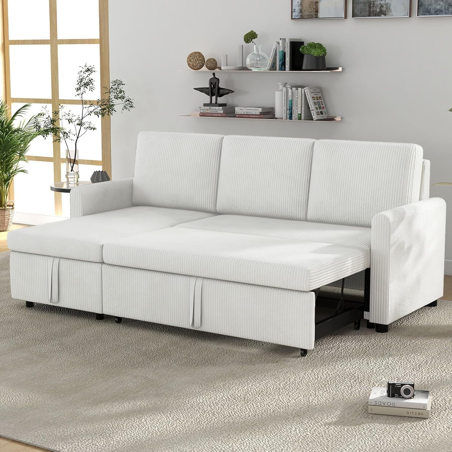 Beige Corduroy L-Shaped Sleeper Sofa with Storage Chaise and 2 Pillows K736398