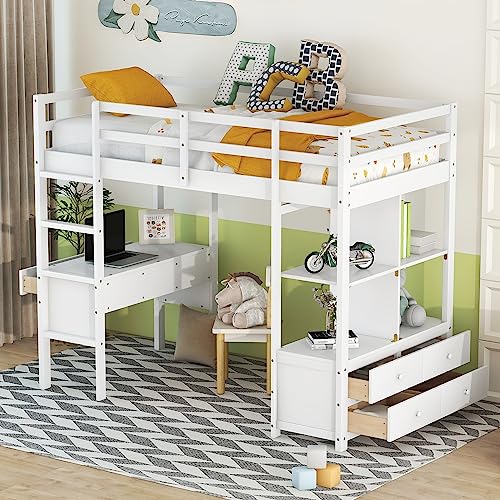 Full Size Solid Wood Loft Bed Frame with Desk and Storage H167