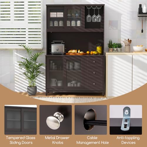 73" Kitchen Pantry Storage Cabinet with LED Lights & Power Outlet, Wine Glass Racks, Adjustable Shelves, Drawers (Espresso) C987129