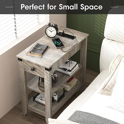 Set of 2 Narrow Side Table with Charging Station and Storage Drawer Rustic Grey B105