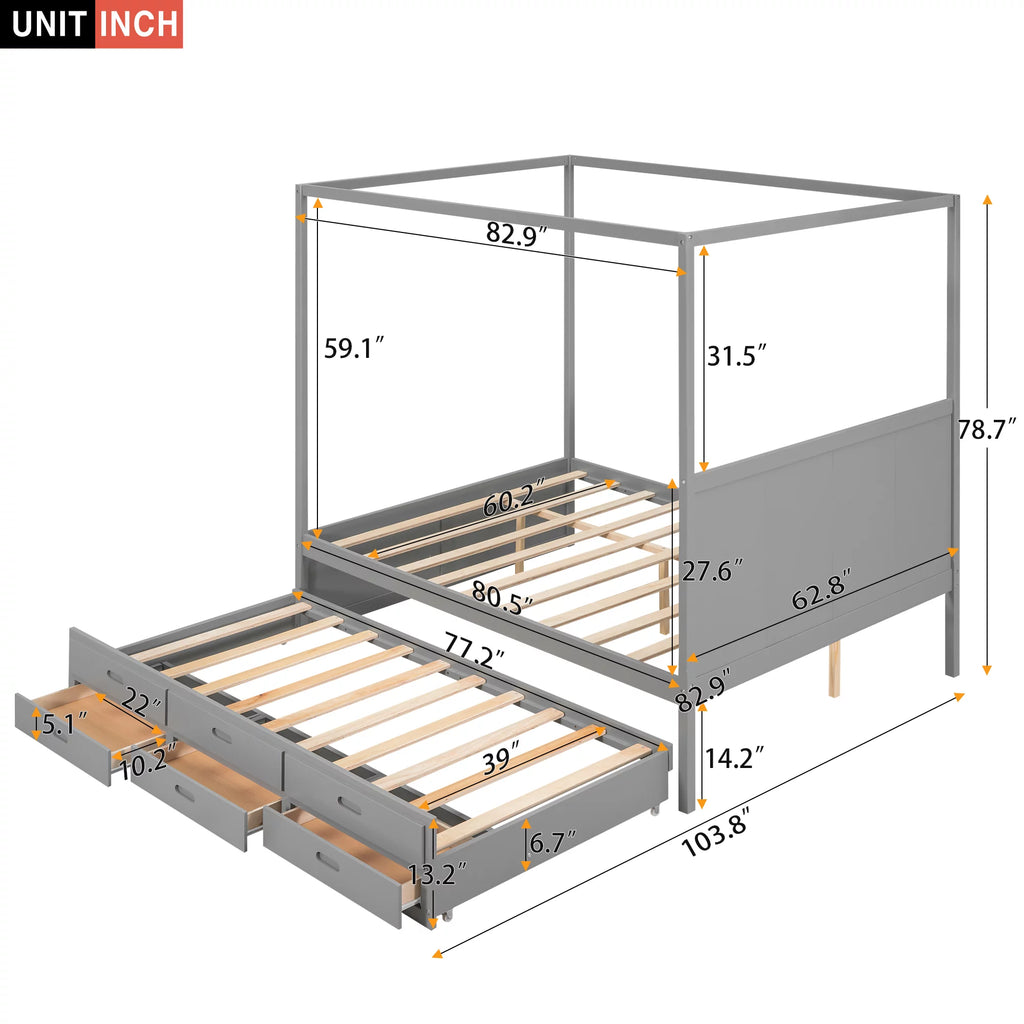 Gray Wooden Queen Platform Bed with Trundle and 3 Storage Drawers M708604