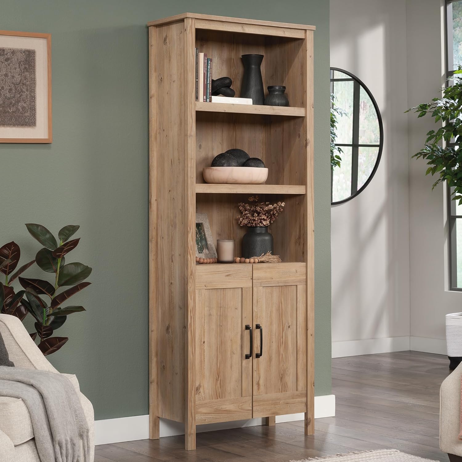 Khaki Pine Finish Bookcase with Doors B981269