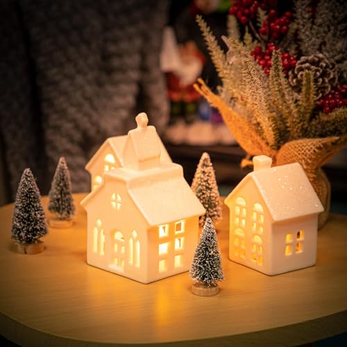 7 Pcs Christmas Porcelain Village Tabletop Figurine LED House Decorations N68476