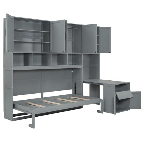 White Twin Size Wooden Murphy Bed with Closet Drawers Desk Q21229