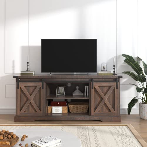 Brown Wood TV Stand with Sliding Barn Doors and Adjustable Shelves I95252