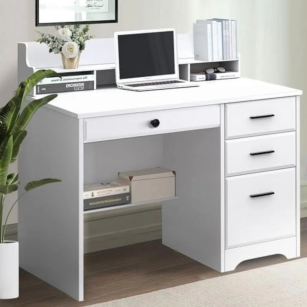White 44" Wood Desk with 4 Drawers and Hutch K4672