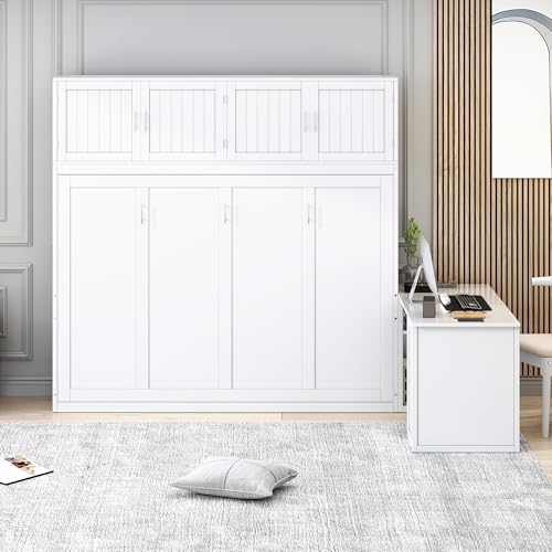 White Twin Size Wooden Murphy Bed with Closet Drawers Desk Q21229