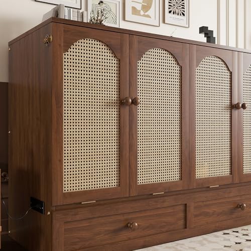 Queen Murphy Bed Cabinet with Charging Station & Rattan Design – Wall Bed with Large Storage Drawer, Foldable Platform Bed – Pine Wood Construction, Walnut L94620