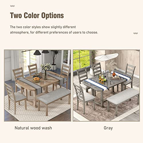 6-Piece Rubber Wood Dining Table Set with 4 Cushioned Chairs and Bench, Light Gray N7668