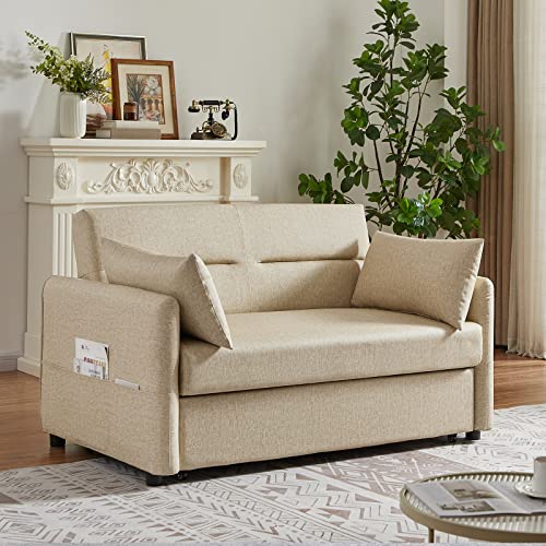 Convertible Sleeper Sofa Bed 57 Inches Velvet 2 Seats with Pull Out Bed Adjustable Backrest 2 Pillows Side Pocket Light Brown K15268