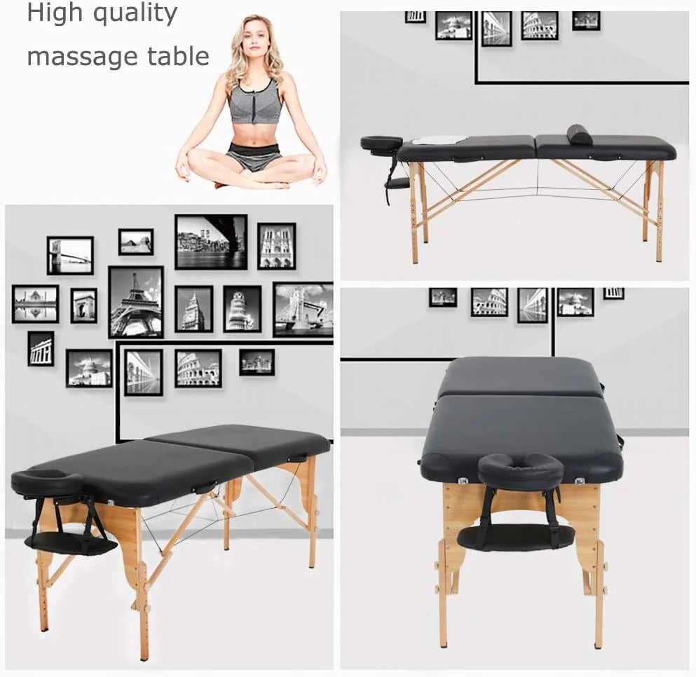 Portable Massage Table 73” L 28”W Height Adjustable with Bolsters Carry Case 2 Fold Black X641619