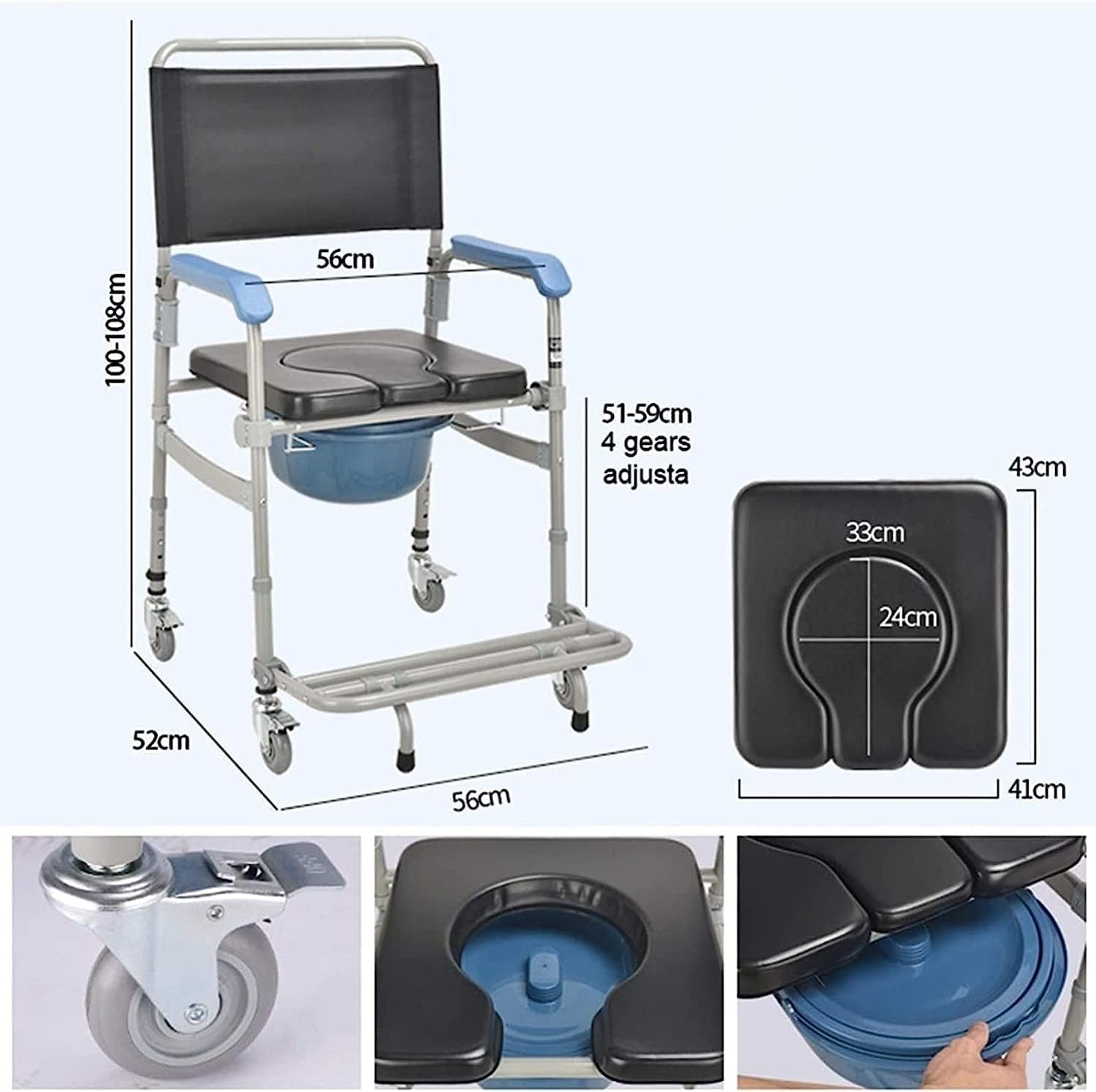 Lightweight Bedside Commode Portable Toilet Bath Chair Adjustable Height Shower Chair D581
