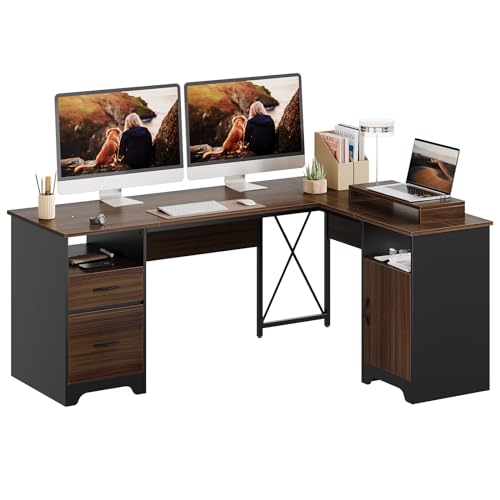 Gray L Shaped Desk with File Drawers, 63" x 47" Corner Desk with Monitor Stand Q241298