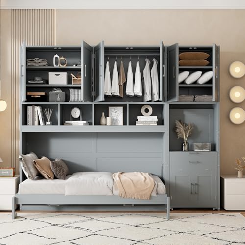 White Twin Size Wooden Murphy Bed with Closet Drawers Desk Q21229