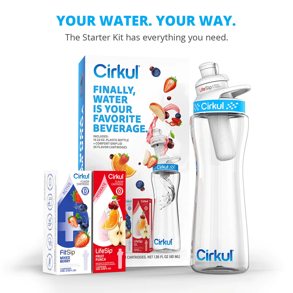 22oz Plastic Water Bottle Starter Kit with Blue Lid and 2 Flavor Cartridges Z633974
