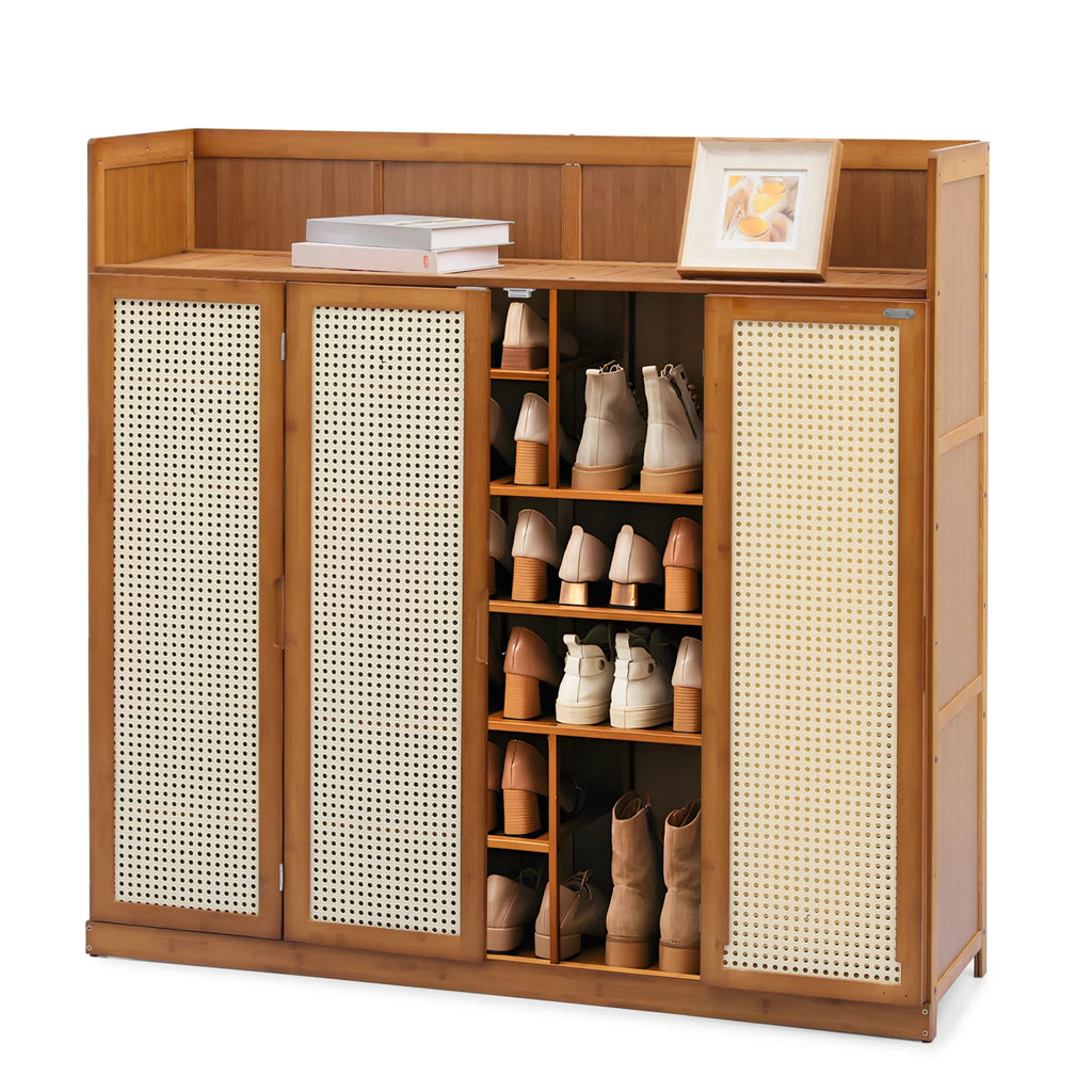 Bamboo 30 Pairs 7-Tier Shoe Cabinet with Folding Rattan Doors and Boots Compartments Q7994