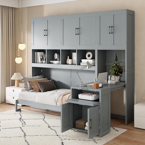White Twin Size Wooden Murphy Bed with Closet Drawers Desk Q21229