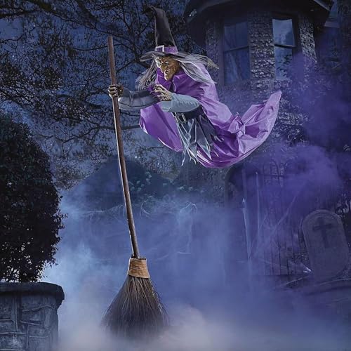 6FT Animated Flying Witch Halloween Decor with Scary Sounds and Lights A300133