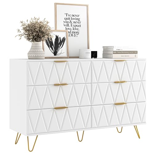 White 6 Drawer Wood Dresser with Gold Handles F653054