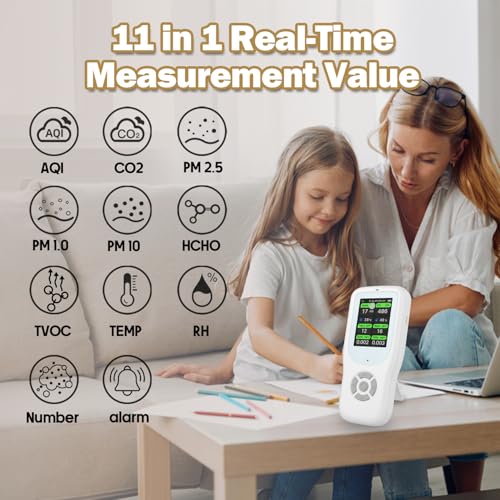 11-in-1 Air Quality Monitor with Stand for AQI, CO2, PM2.5, PM1.0, PM10, TVOC, HCHO, Particles, Temperature & Humidity (White-White) Y5851