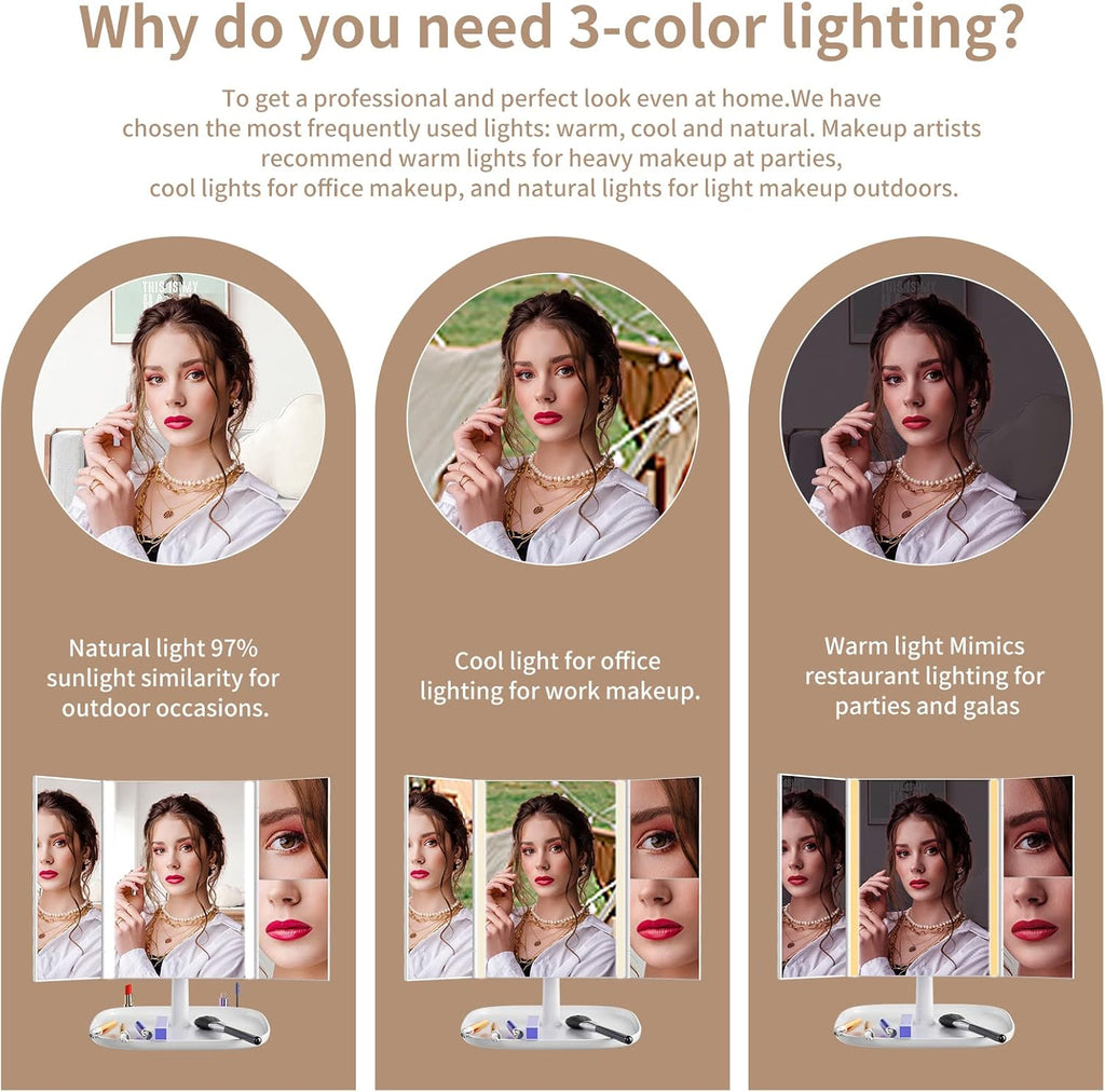 3 Color Lighting Modes 52 LED Trifold Portable Mirror with 1X 2X 3X Magnification J737