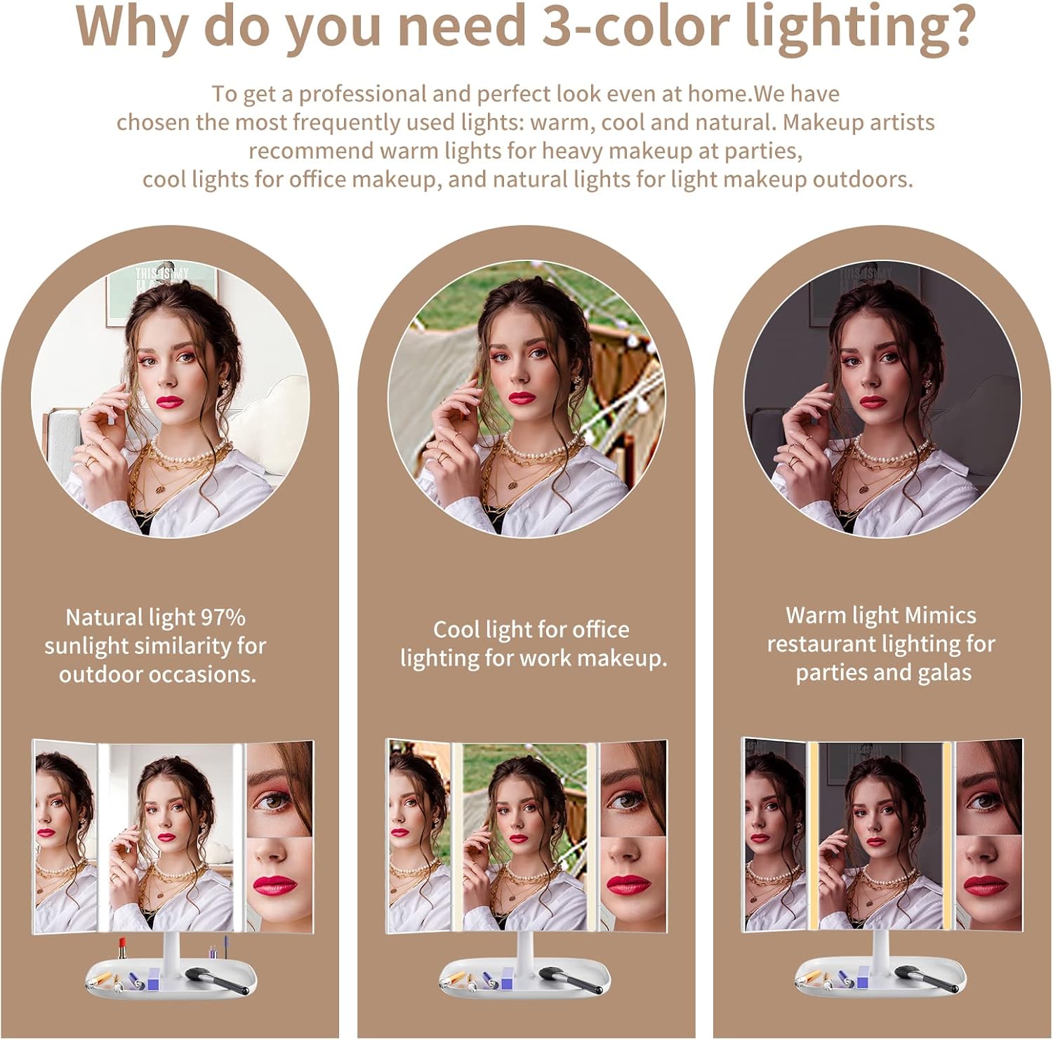3 Color Lighting Modes 52 LED Trifold Portable Mirror with 1X 2X 3X Magnification J737
