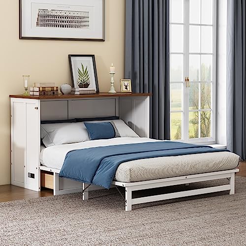 White+Walnut Full Wood Murphy Bed with Storage Drawers U3553