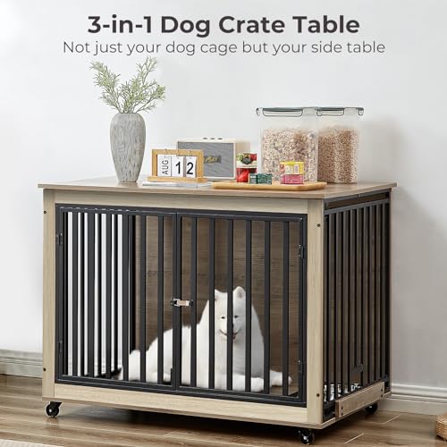 Grey Wooden Dog Crate with Double Doors and Pull-Out Dog Bowls I22260