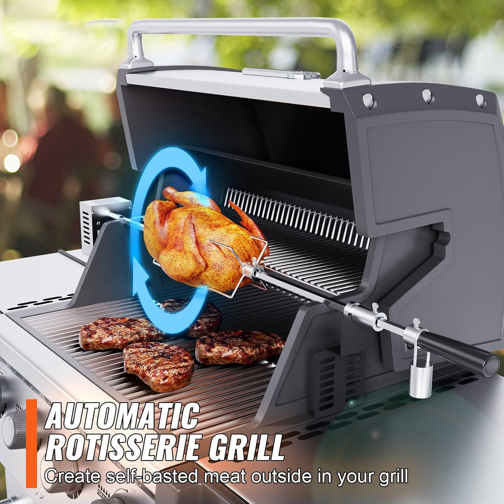 Heavy Duty Stainless Steel Grill Rotisserie Kit with 9W Motor - 32-Inch Hexagon Spit Rod - 26 Lbs Capacity O24442