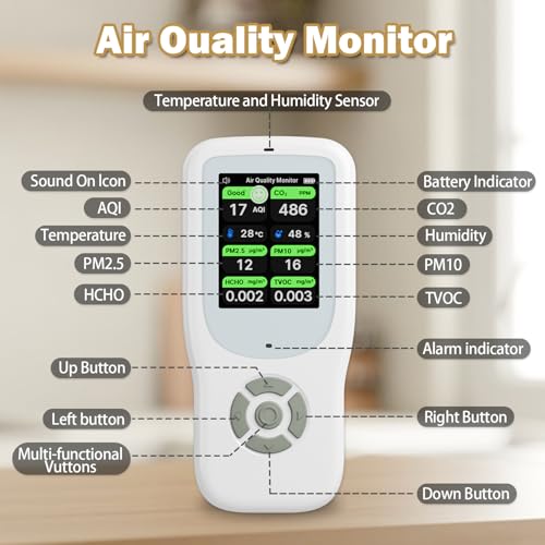 11-in-1 Air Quality Monitor with Stand for AQI, CO2, PM2.5, PM1.0, PM10, TVOC, HCHO, Particles, Temperature & Humidity (White-White) Y5851