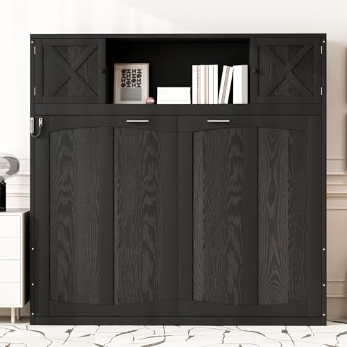 Black Full Horizontal Murphy Bed with Shelves and Storage Bookcase Z733736