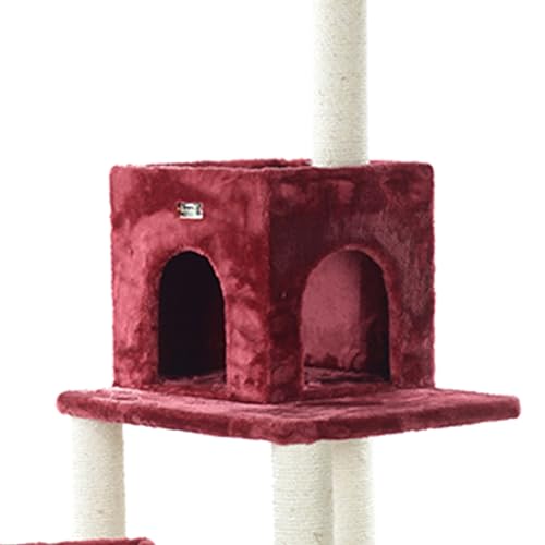 Burgundy Real Wood Cat Tower with Faux Fur J3499