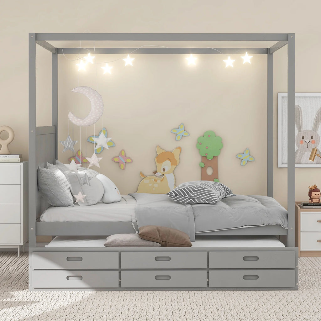 Gray Wooden Queen Platform Bed with Trundle and 3 Storage Drawers M708604