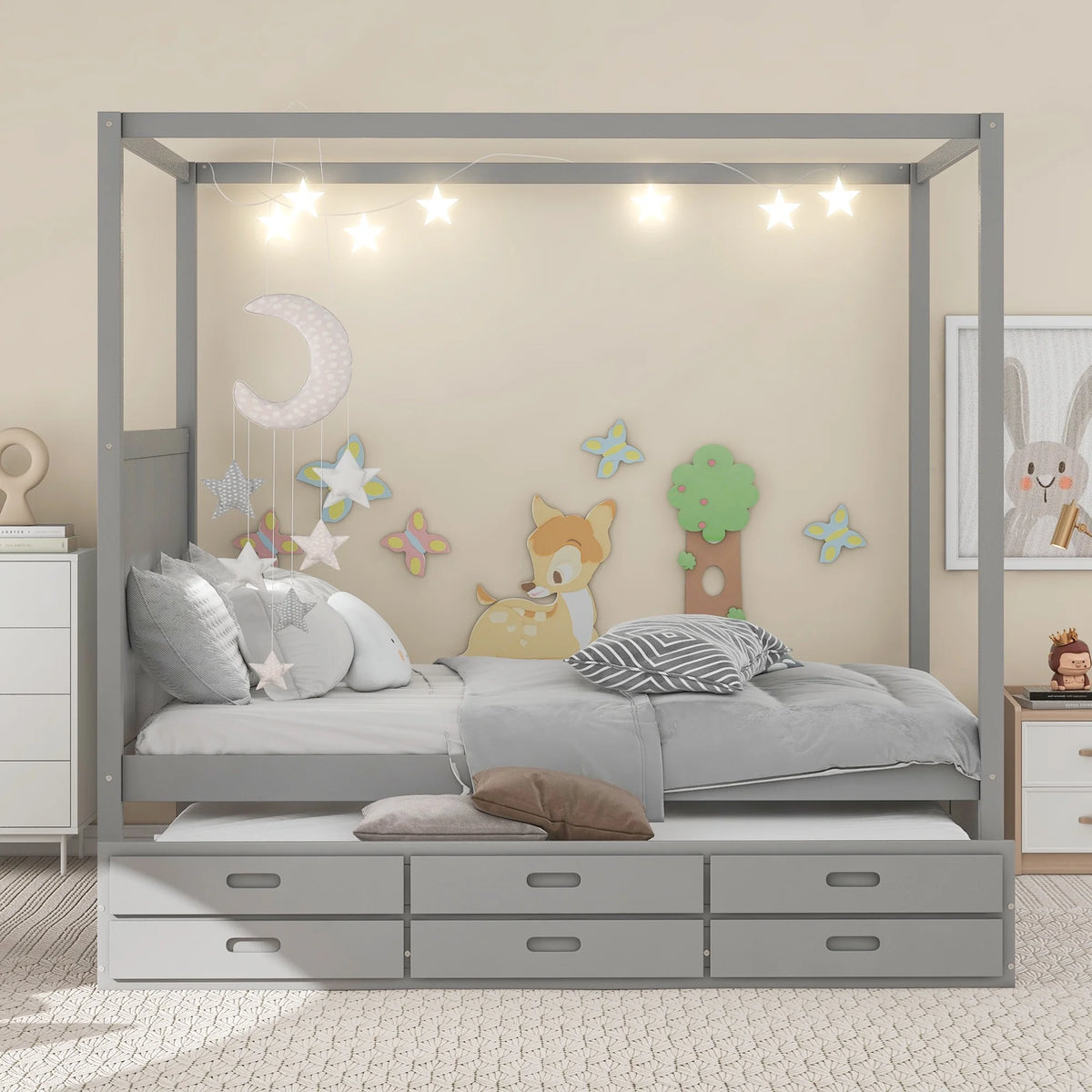 Gray Wooden Queen Platform Bed with Trundle and 3 Storage Drawers M708604