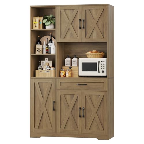 71" Tall Kitchen Pantry Storage Cabinet with Microwave Stand, Barn Doors, Large Drawer and Shelves, Ash Grey Q9326