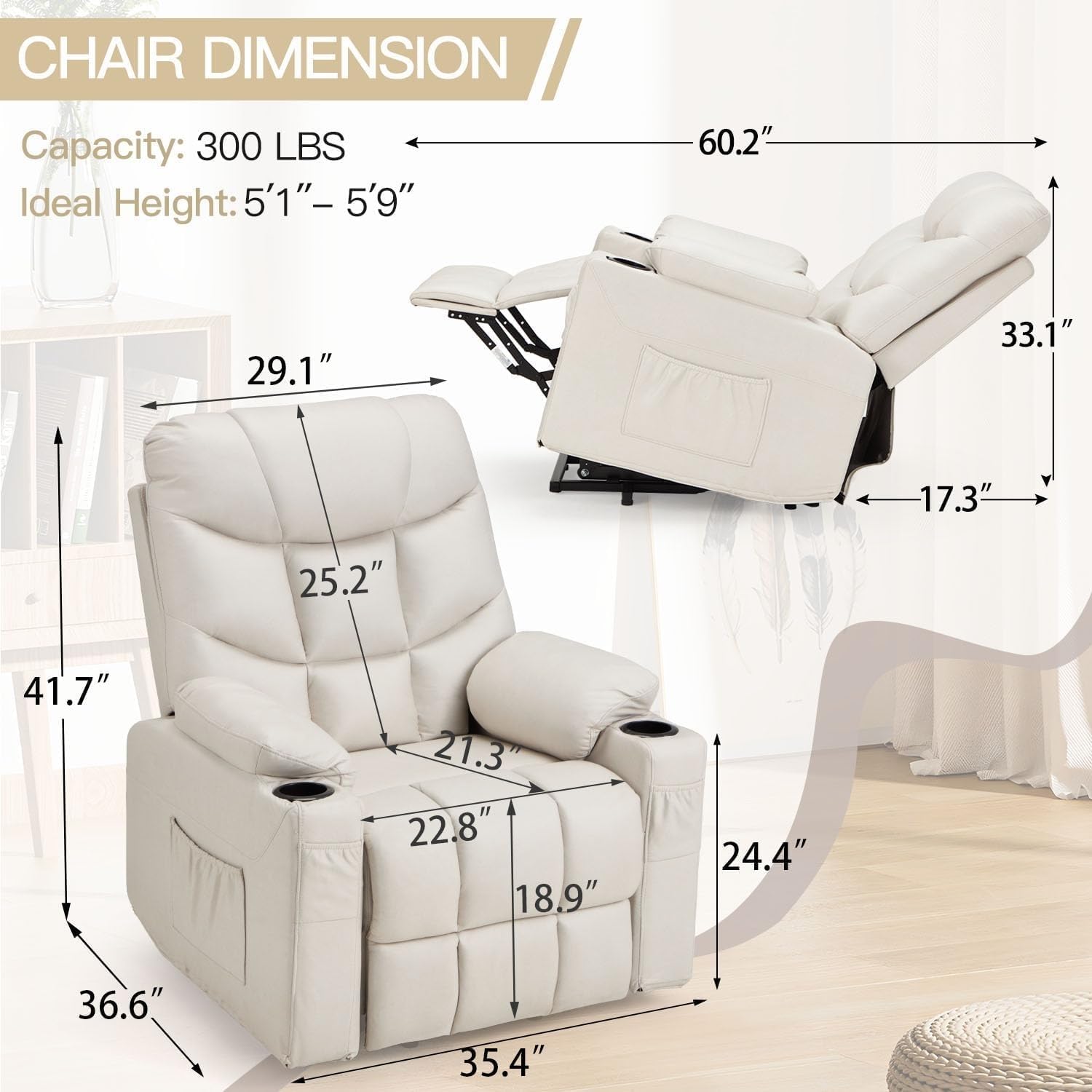 Dual Motor Power Lift Recliner Chair with Massage and Heat, Cup Holders Side Pockets N753950