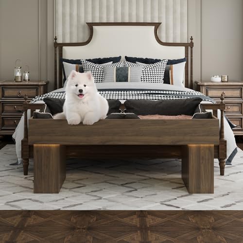 Walnut Wooden Pet Bed with 2 Cushions and Led Light H9058