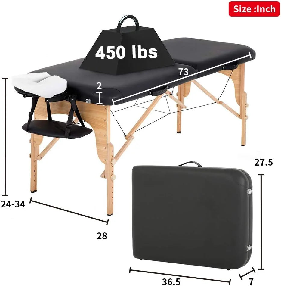 Portable Massage Table 73” L 28”W Height Adjustable with Bolsters Carry Case 2 Fold Black X641619