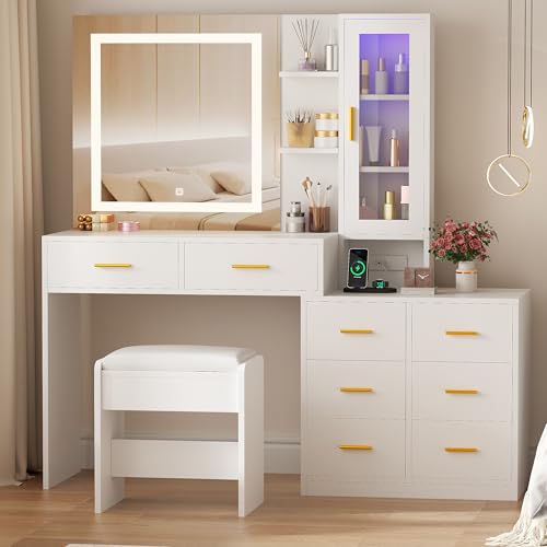 White 51.8" Makeup Vanity Desk with Mirror and Lights 8 Drawers Z79743