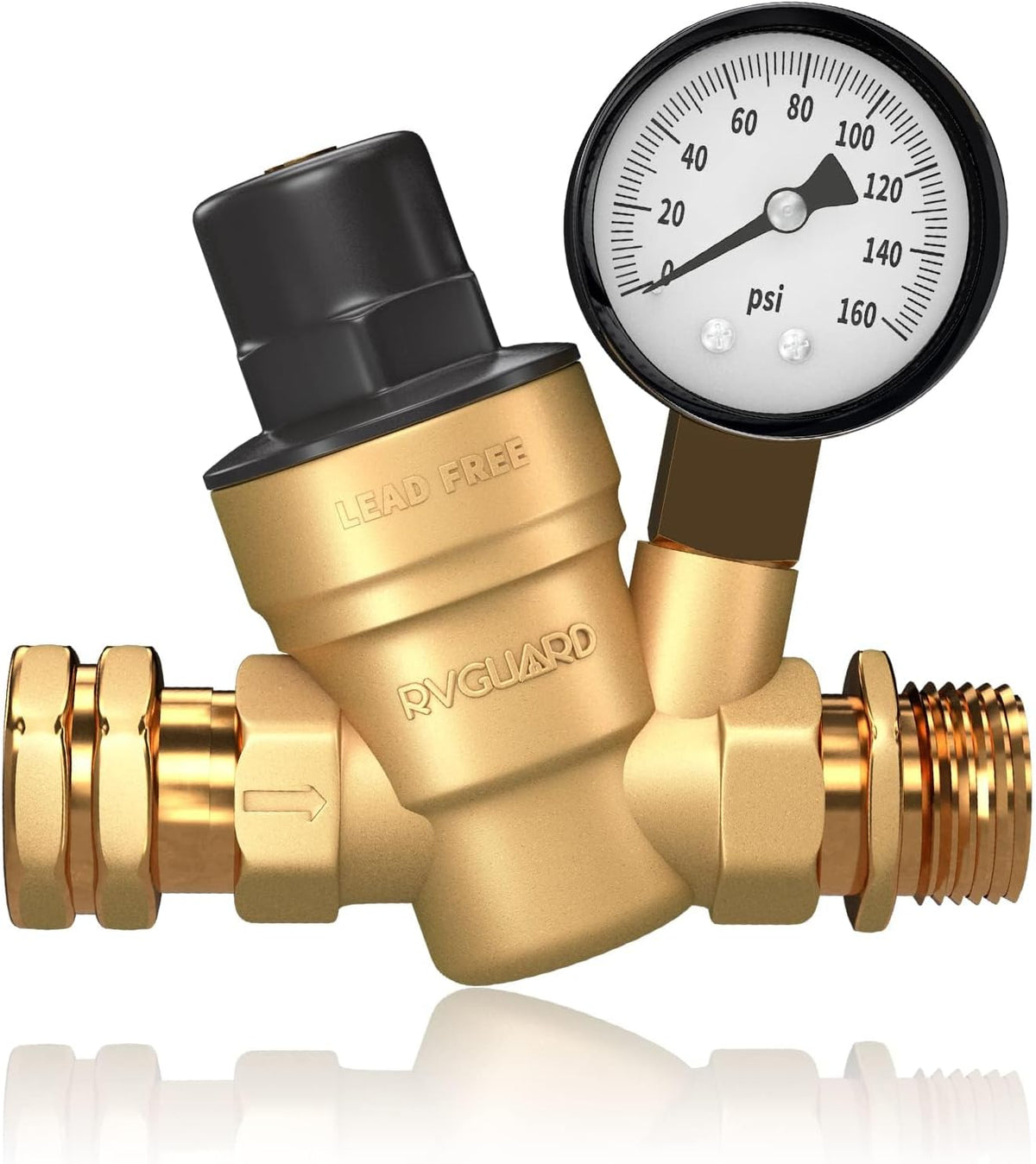 Brass Lead-Free Adjustable RV Water Pressure Regulator Valve with Gauge and Inlet Screen Filter B382