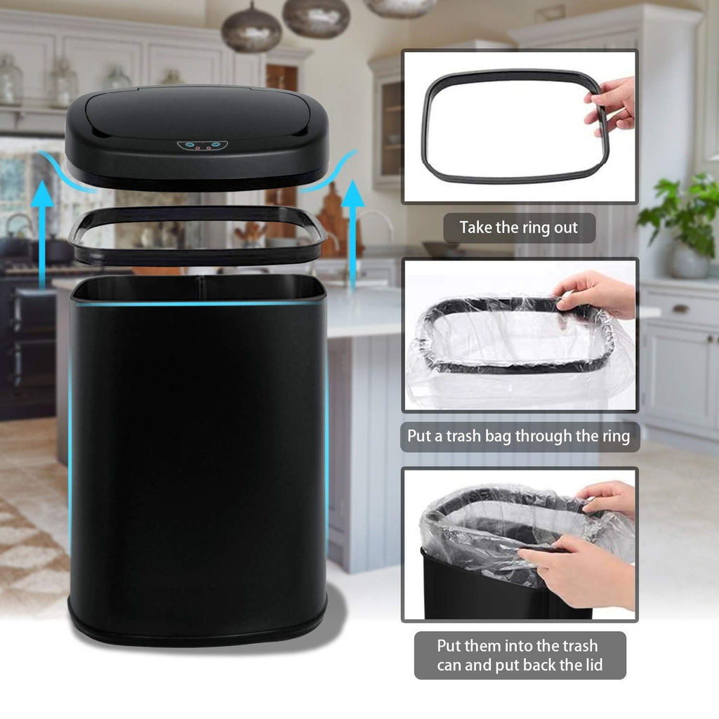 13 Gallon Black Stainless Steel Trash Can with Lid R864