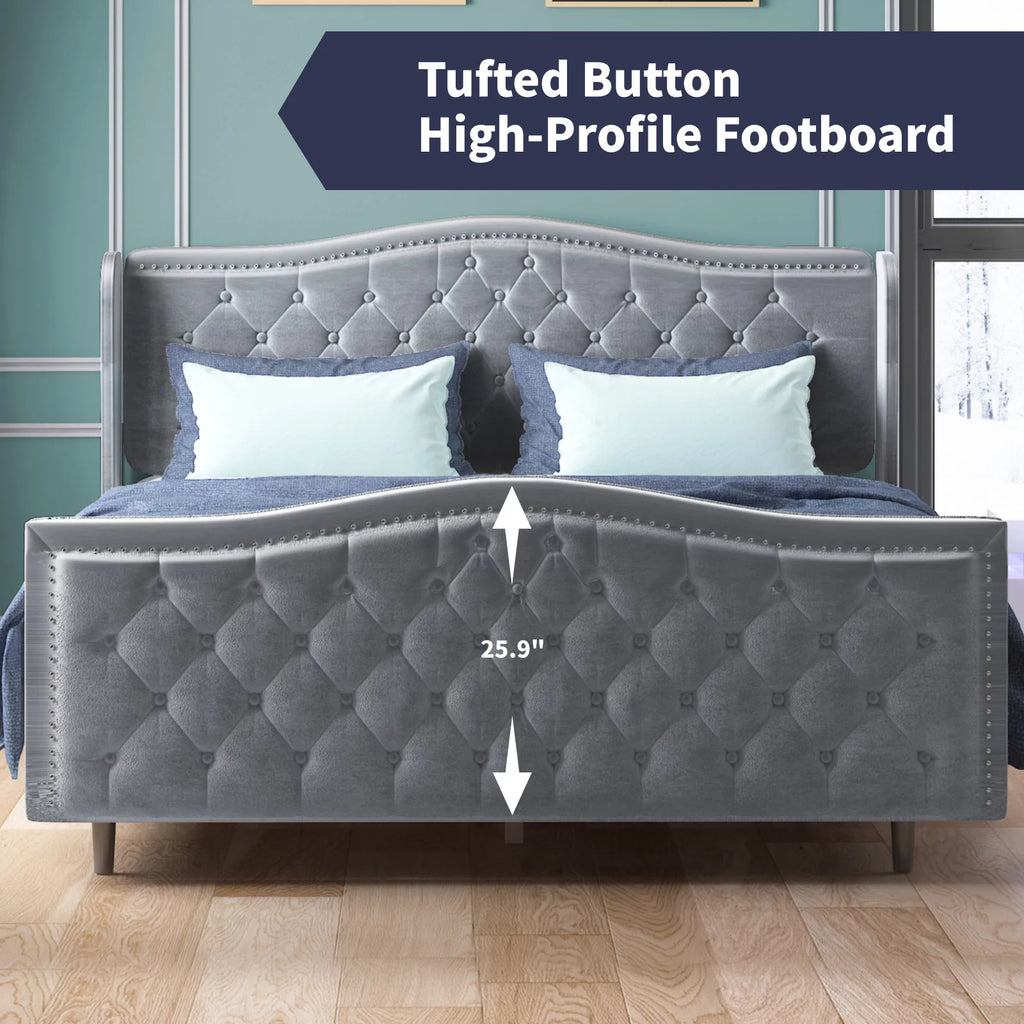 King Size Button Tufted Velvet Platform Bed Frame, Silver Grey E6280