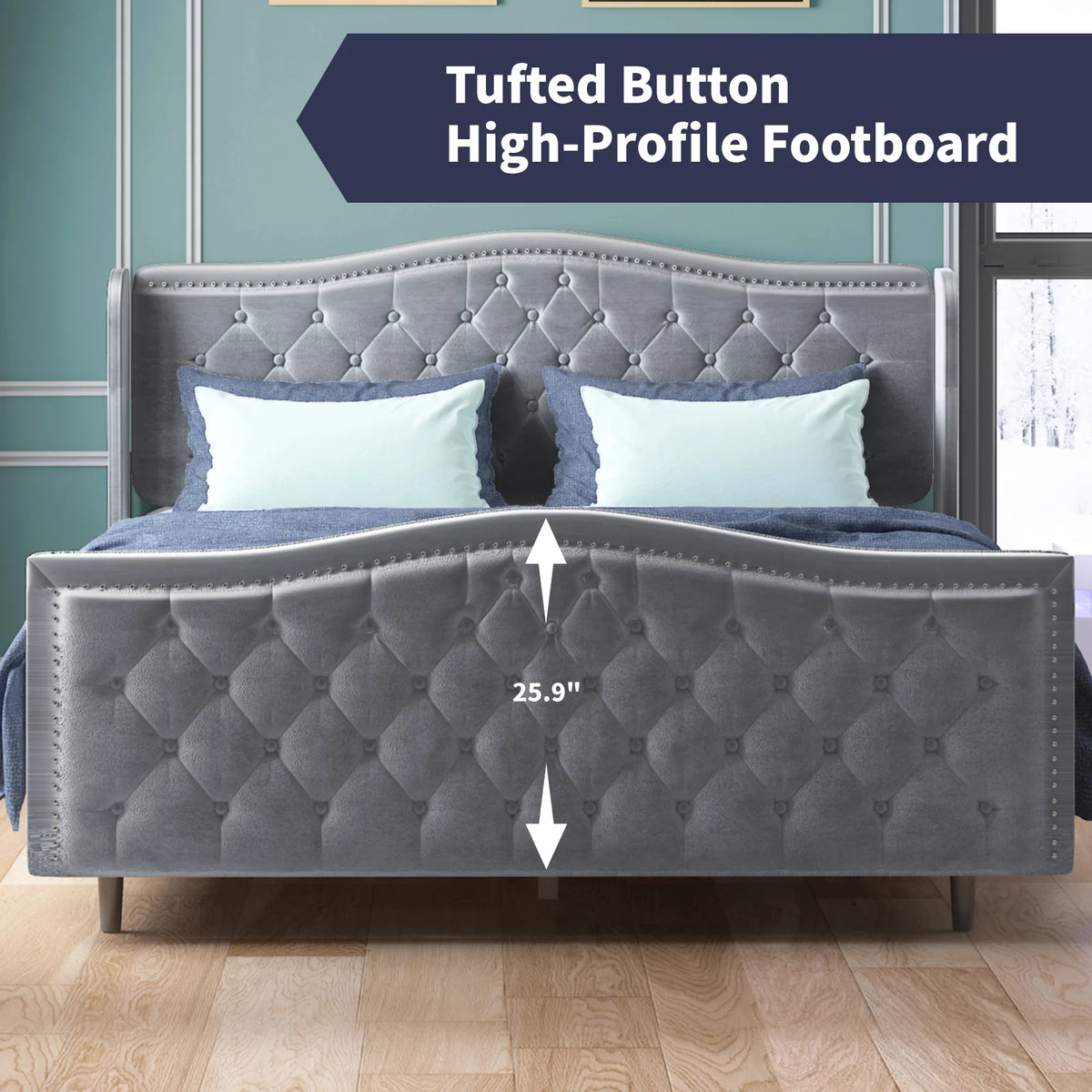 King Size Button Tufted Velvet Platform Bed Frame, Silver Grey E6280