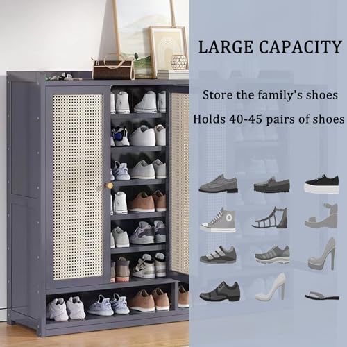 Grey 8 Tier Bamboo Shoe Cabinet with Doors O145