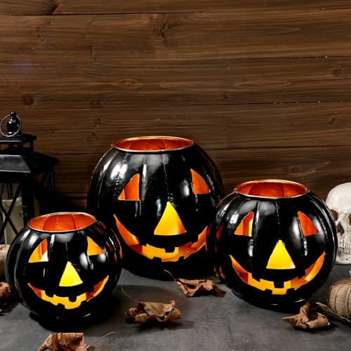 3 Sets Halloween Metal Jack O Lanterns Pumpkin with 3 LED Candles with Black Creepy Cloth Decoration Bundle S307