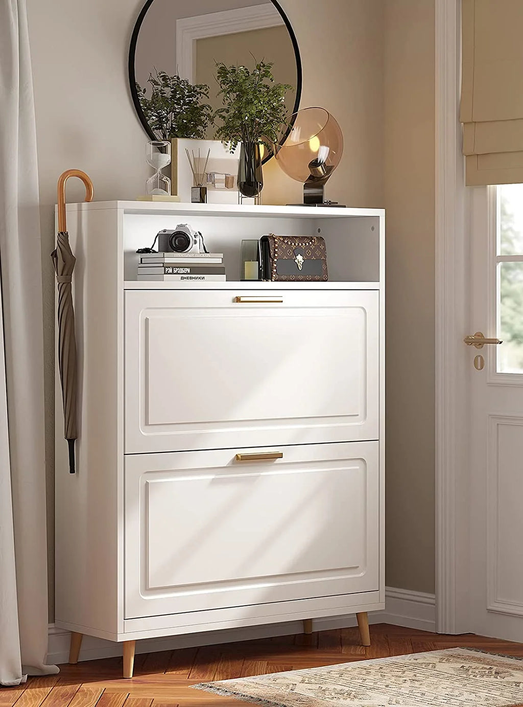 White Narrow Shoe Cabinet with 2 Flip Drawers K448817