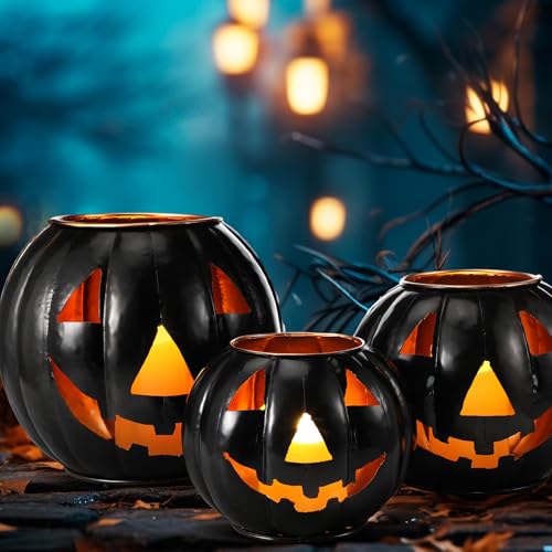 3 Sets Halloween Metal Jack O Lanterns Pumpkin with 3 LED Candles with Black Creepy Cloth Decoration Bundle S307