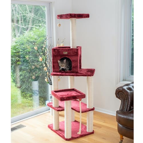 Burgundy Real Wood Cat Tower with Faux Fur J3499