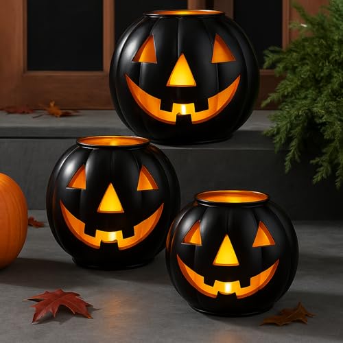 3 Sets Halloween Metal Jack O Lanterns Pumpkin with 3 LED Candles with Black Creepy Cloth Decoration Bundle S307
